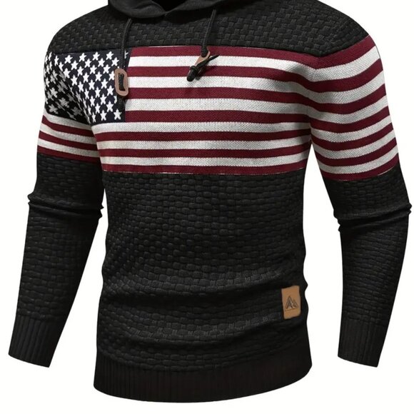 Men Hooded American Stars Stripes Knit Sweater With Long Sleeve And Draw - Large - Picture 5 of 9
